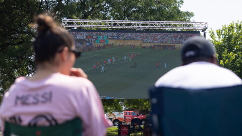 Soccer fans watch the FIFA World Cup championship game in Harrison Park in Pilsen on the Southwest Side, Sunday, July 19, 2026.