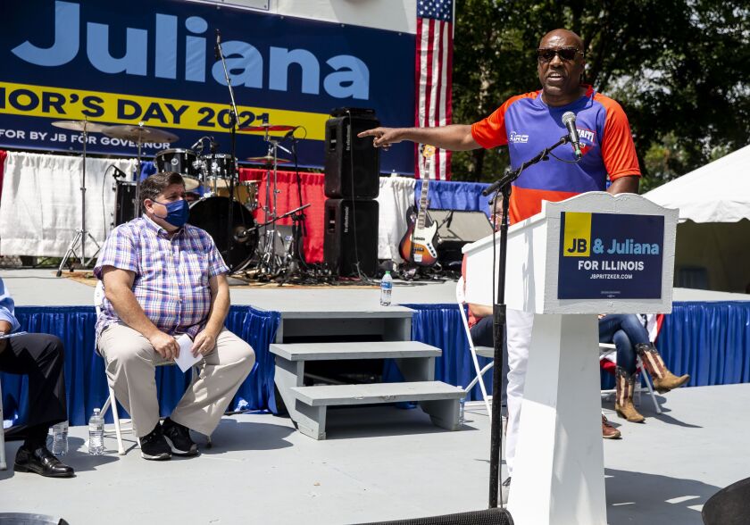 Illinois Attorney General Kwame Raoul speaks during Governor’s Day at the Illinois State Fair on Wednesday.