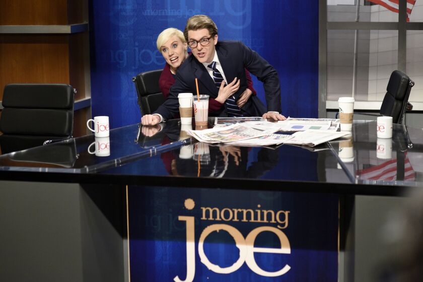 Alex Moffat plays MSNBC host Joe Scarborough, with Kate McKinnon as Mika Brzezinski, on “Saturday Night Live” on May 6, 2017. | NBC