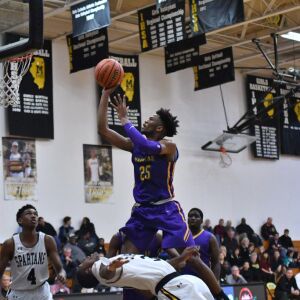 Waukegan’s Bryant Brown (25) is called for a charge. Worsom Robinson/For the Sun-Times.