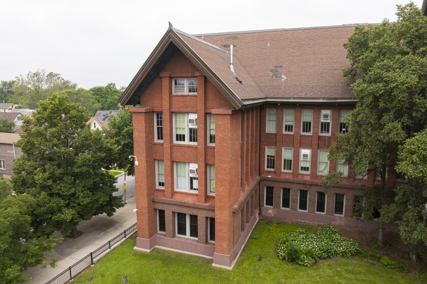 Aerial view showing a portion of the four-story Bowen High School.