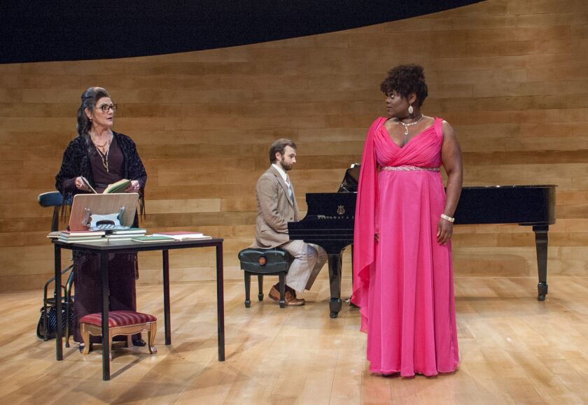 Soprano Sharon (Keirsten Hodgens) begins her vocal session with Maria Callas (Janet Ulrich Brooks) in “Master Class” at TimeLine Theatre. | Lara Goetsch Photo
