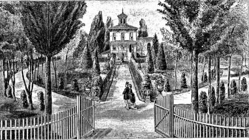 A 19th century engraving showing the Raber House as it looked originally, with landscaping and walkways.