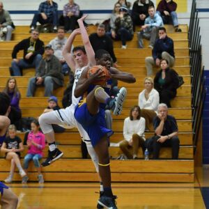 Sandburg’s Marvin Agwomoh (1) grabs a rebound. Worsom Robinson/For the Sun-Times.