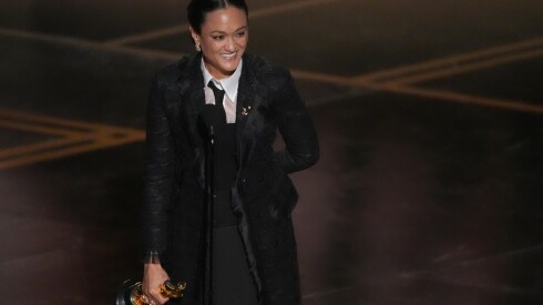 Autumn Durald Arkapaw accepts the award for cinematography for "Sinners" during the Oscars on Sunday, March 15, 2026, at the Dolby Theatre in Los Angeles. (AP Photo/Chris Pizzello)