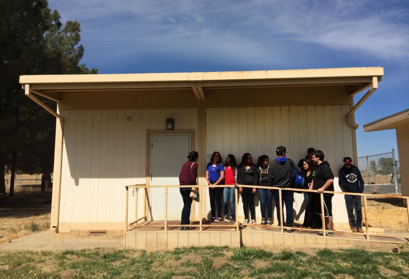 <small><strong>Students line up to take part in new Common Core-aligned standardized tests at the Cuyama Valley High School in New Cuyama, Calif.</strong></small>