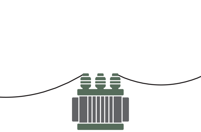 An illustration of a large electrical transformer with cables stretching past the left and right edges of the image.