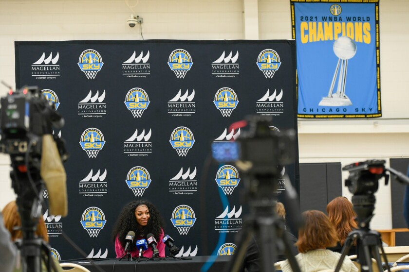 Chicago Sky rookie Angel Reese speaks during a press conference in Deerfield.