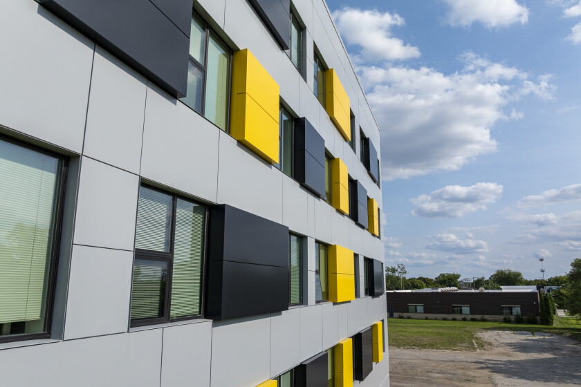 Close-up of unit windows at Imani Village Senior Residence at 9621 S. Cottage Grove Ave.
