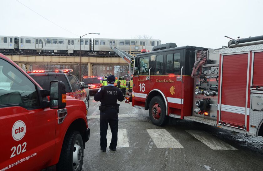 <small><strong>Firefighters responded on Tuesday morning to 37th and State streets, where passengers had to be moved from a stalled Green Line train. Another train had to back down the tracks to transfer and take the 27 passengers to their destinations. |