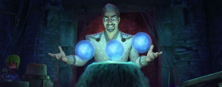 Magnifico (voice of Chris Pine) holds on to everyone’s wishes in glass-like bubbles.