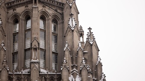 Snow dusts the pinnacles of the First United Methodist Church in the Loop after the snowiest November day ever recorded in Chicago, Sunday, Nov. 30, 2025. | Candace Dane Chambers/Sun-Times.