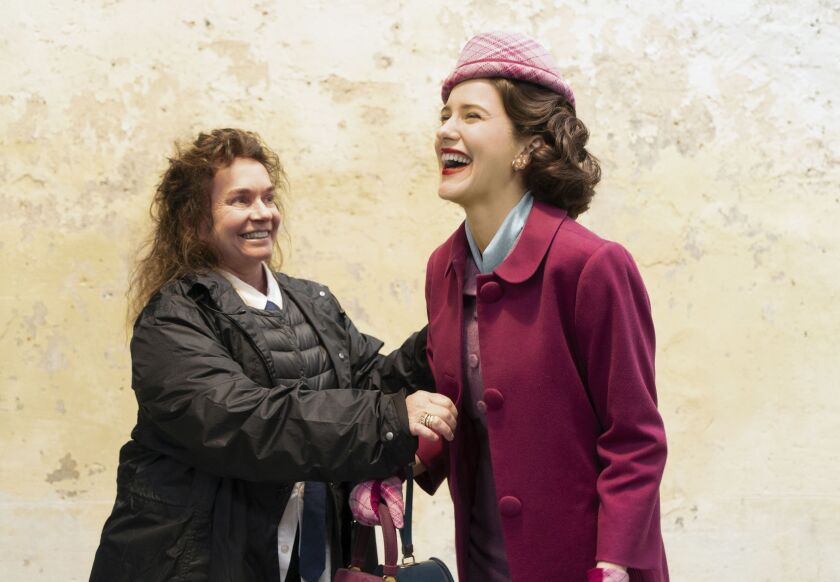 Costume designer Donna Zakowska (left) with actress Rachel Brosnahan on the set of “The Marvelous Mrs. Maisel.” | Nicole Rivelli/Amazon via AP