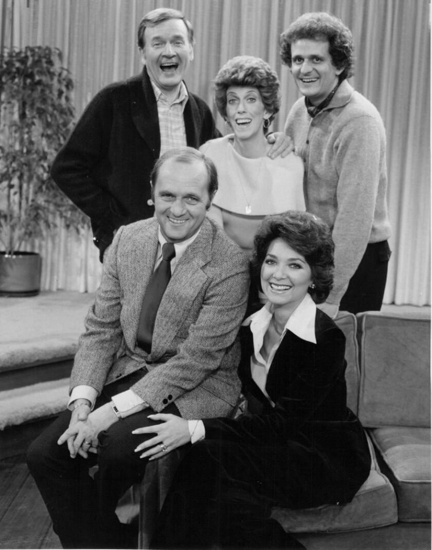 Bill Daily (back left) with the cast of “The Bob Newhart Show: Marcia Wallace, Peter Bonerz, Bob Newhart and Suzanne Pleshette. CBS/ FIle Photo