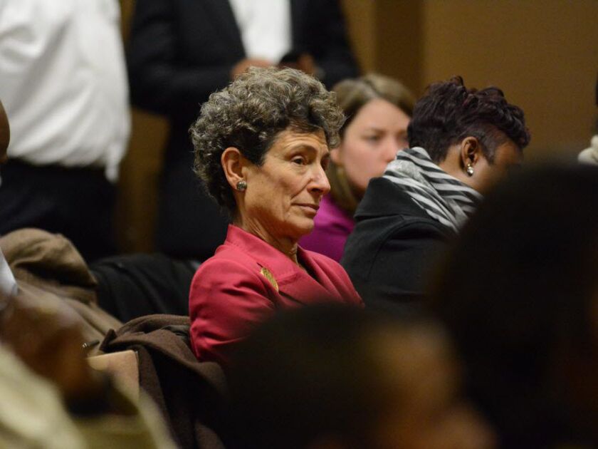 Paula Wolff listens as Mayor Rahm Emanuel talks about the strides the City has made in keeping the streets safe in 2015. File Photo. | Brian Jackson/ Sun-Times