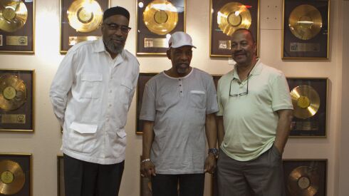 Musicians Kenneth Gamble (from left), Leon Huff and Thom Bell are photographed at Gamble and Huff Music on Broad Street in Philadelphia, in 2013. 