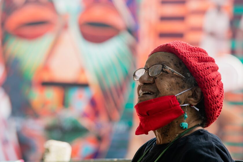 The Rev. Helen Sinclair, a longtime prison chaplain and daughter of the Rev. Jessie “Ma” Houston, at a 100th birthday celebration for her mother at Houston (Jessie Ma) Park in Kenwood earlier this year.