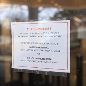 A sign alerting patients of the closure of West Suburban Medical Center in Oak Park on Wednesday.
