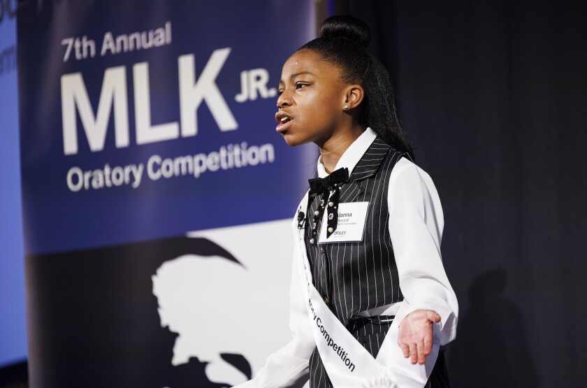 Alanna Atwood presents her speech during the 7th annual MLK Jr. Oratory Competition at The Duke Hotel.