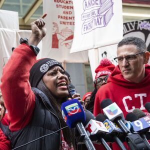 Chicago Teachers Union Vice President Stacy Davis Gates speaks during a rally outside Chicago Public Schools headquarters in the Loop, before marching through downtown with thousands of striking union members and their supporters.