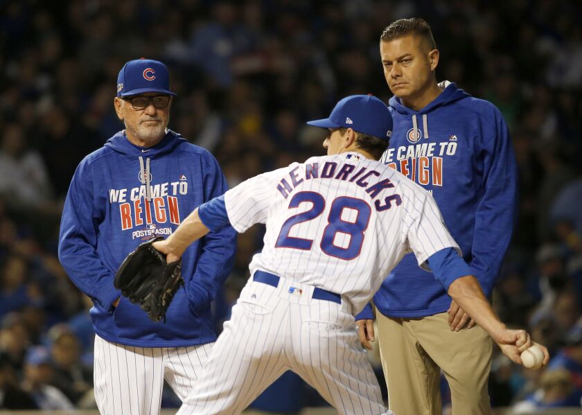 <em>Cubs manager Joe Maddon, left, checks on starting pitcher Kyle Hendricks (28) after Hendricks was hit by a ball on his right forearm arm. Hendricks left with a contusion. (AP) <br></em>