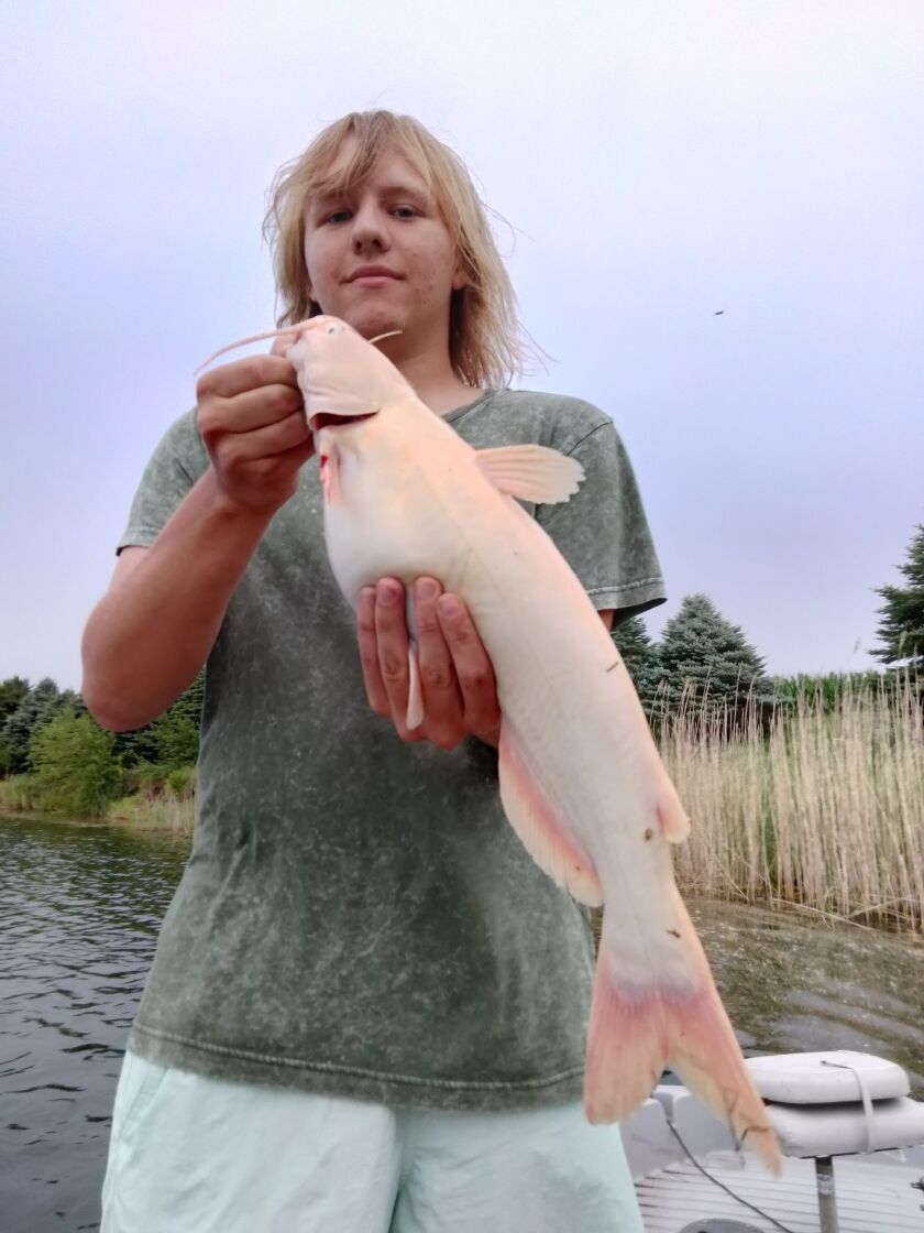 Torsten Uremovich with an apparent albino catfish from a pond. Provided by Tim “Spike” Davis