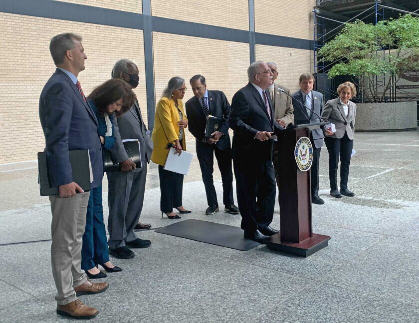 U.S. Rep. Gerald E. Connolly, D-Va., speaks at a news conference in Chicago after Friday’s congressional field hearing. Joining him were Democrats from Illinois’ U.S. House delegation: Sean Casten (from left), Marie Newman, Danny Davis, Robin Kelly, Raja Krishnamoorthi, Bobby Rush, Mike Quigley and Jan Schakowsky.