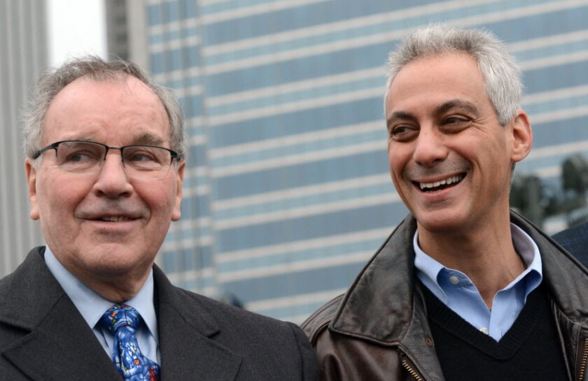 Mayor Daley and Mayor Emanuel at the opening of the skating ribbon at the new Maggie Daley Park. Saturday, December 13, 2014.