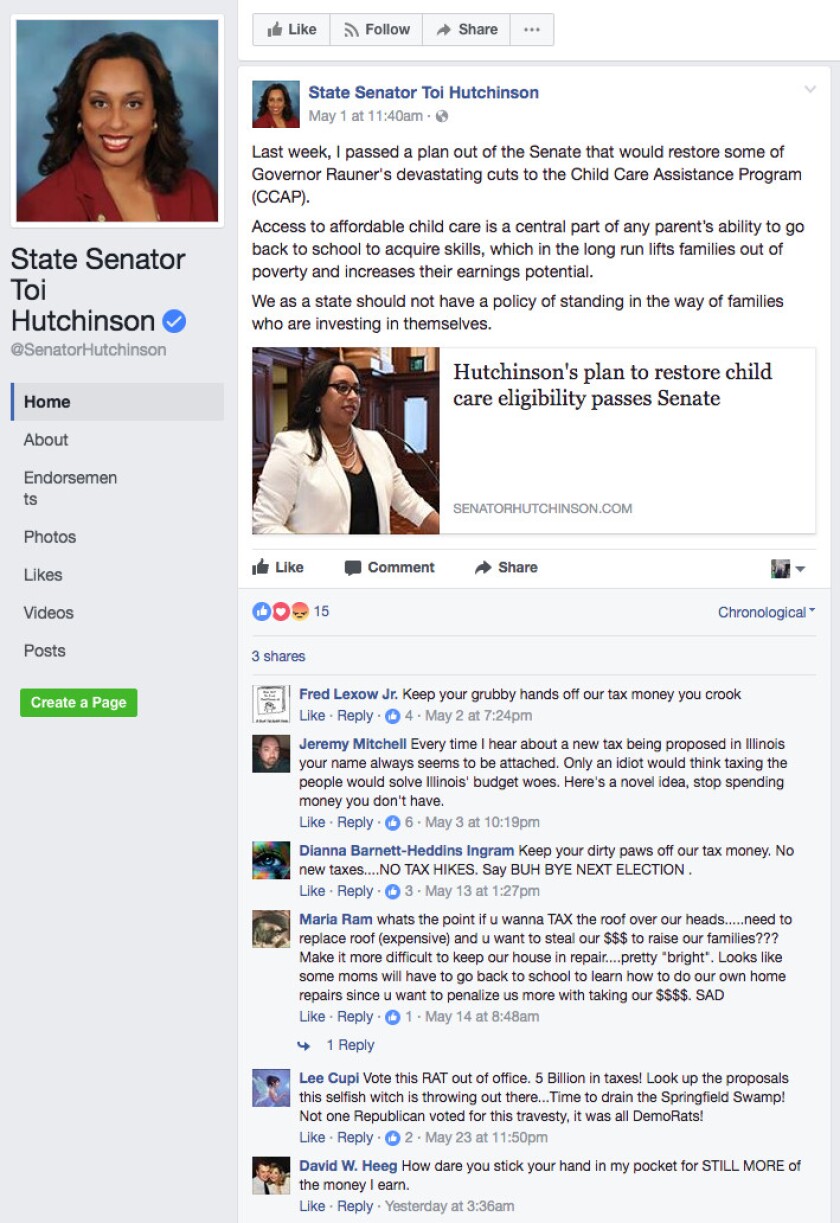 State Sen. Toi Hutchinson said she has been getting lots of negative comments on Facebook. | Screenshot