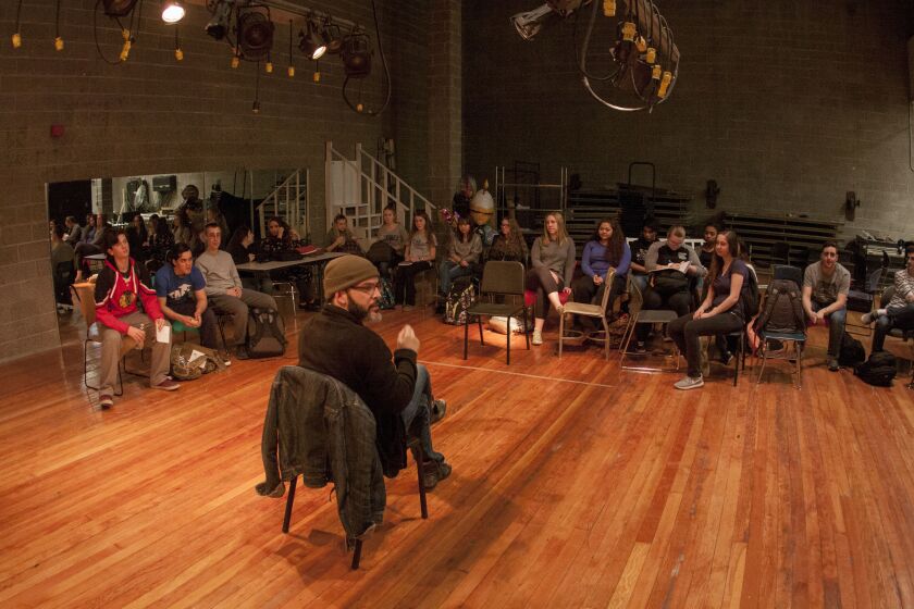 Silk Road Rising teaching artist Levi Holloway presents the EPIC (Empathic Playwriting Intensive Course) program at Taft High School.