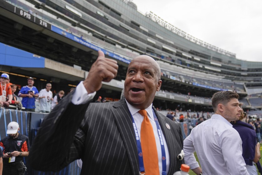 Chicago Bears President and CEO Kevin Warren gesturing to fans before the start of an NFL preseason football game against the Cincinnati Bengals Aug. 17, 2024, at Soldier Field.