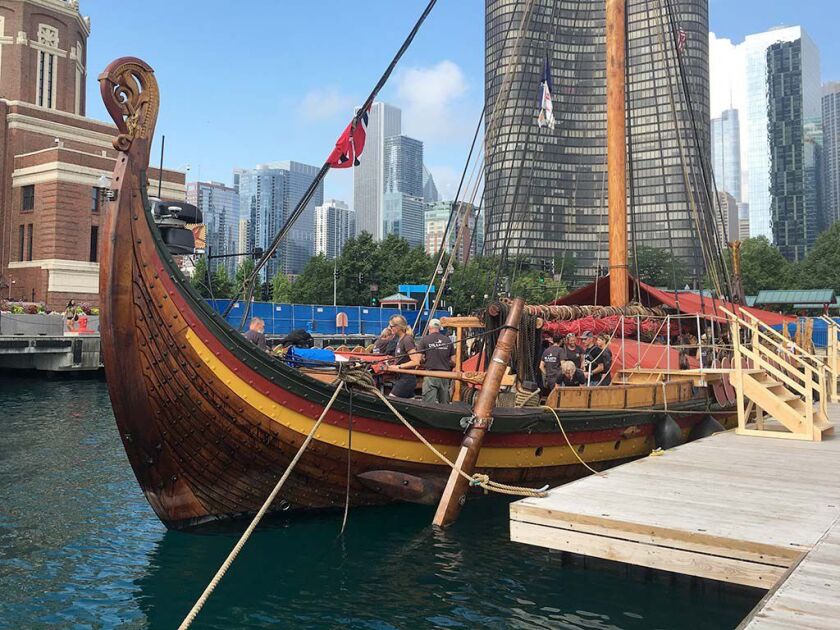 The Draken Harald Harfagre, a 115-foot Viking ship, is docked at Navy Pier. | Mitch Dudek/Sun-Times