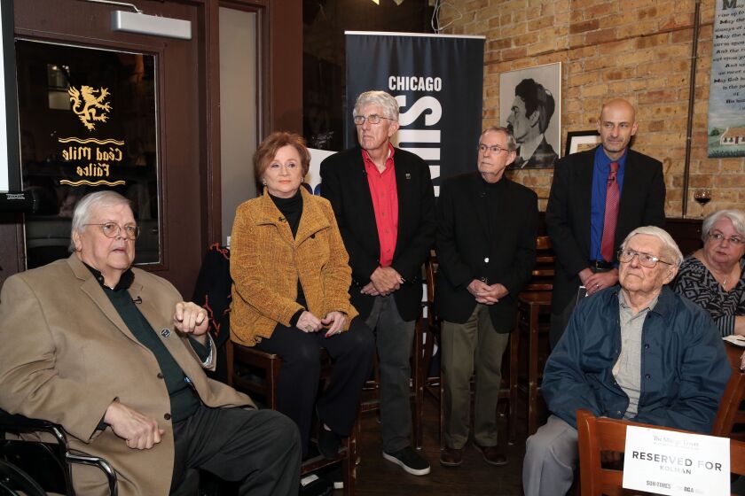 Zay Smith (from left) with the rest of the Mirage team, reporters Pam Zekman and William Recktenwald and photographers Jim Frost and Gene Pesek, at the 40th anniversary celebration of the Mirage tavern sting Jan. 25, 2018.