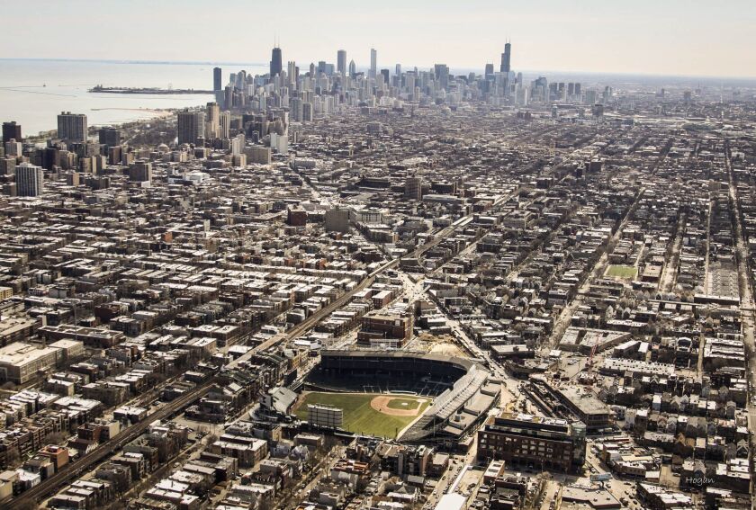 Aerial photos of Wrigley Field with fresh sod taken Saturday, April 1, 2017. | Lee Hogan/For the Sun-Times