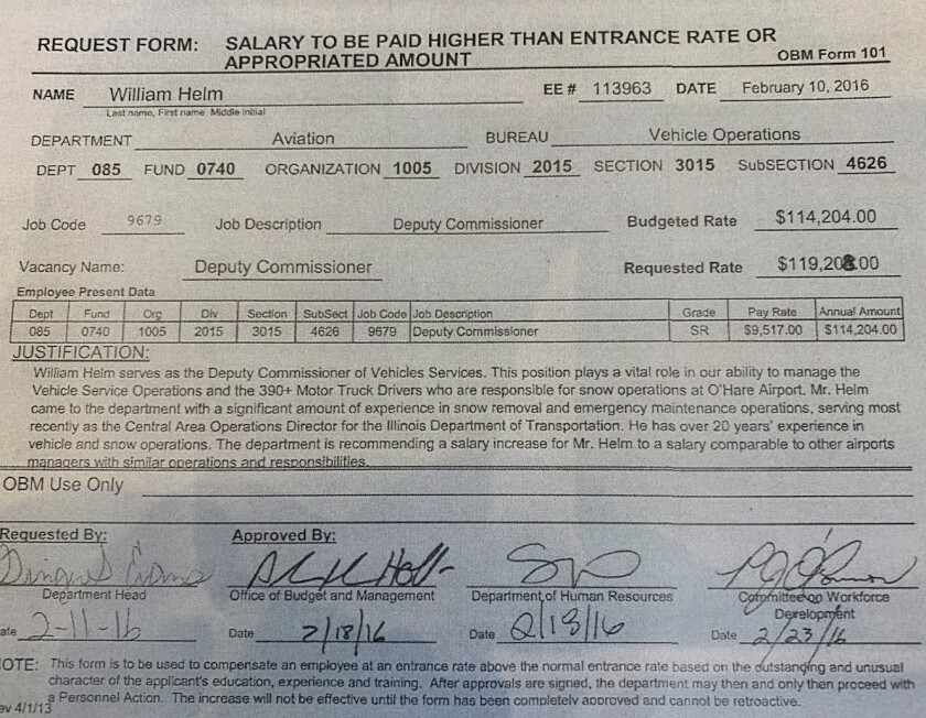 This City Hall document shows then-Mayor Rahm Emanuel’s aides and then-Ald. Patrick O’Connor approved a $5,000 salary increase for Bill Helm in 2016.