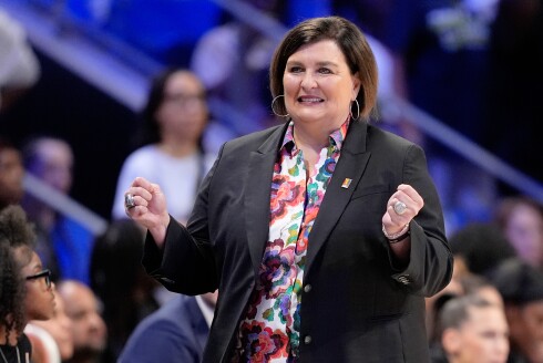 Dallas Wings head coach Latricia Trammell reacts to a play against the Los Angeles Sparks during a WNBA game in Arlington, Texas, Saturday, July 13, 2024.
