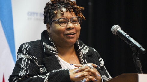 Ald. Jeanette Taylor (20th) speaks at Kennedy-King College in Englewood, Tuesday, March 5, 2024. City Colleges of Chicago, the University of Chicago and the University of Chicago Medical Center announced a partnership that will lead to opportunities for students to pursue nursing at Kennedy-King College, and two new facilities in the Washington Park neighborhood, according to a press release. | Pat Nabong/Sun-Times