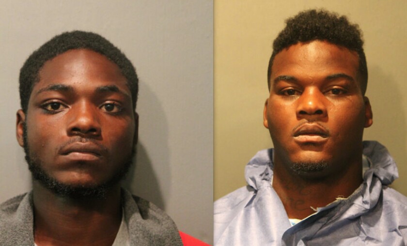 Donzell Grant, 20, and Cortez Harrington, 24, each face seven felony charges after they allegedly robbed a T-Mobile store and shot an officer, according to Chicago Police. | Chicago Police