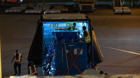 Steel containers containing beluga whales arrived at the Shedd Aquarium before dawn on Tuesday, July 21, 2026. The whales were being transported to the Shedd from the shuttered Marineland park in Niagara Falls, Canada.