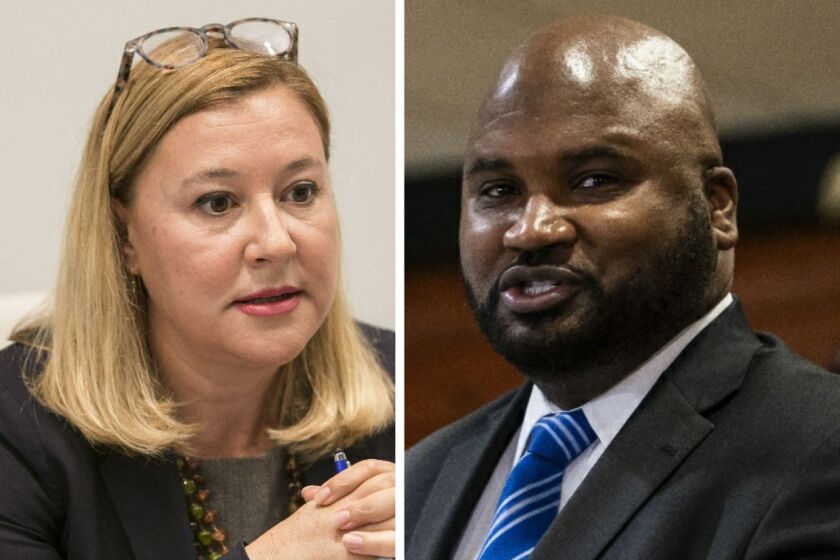 State Rep. Anna Moeller, left, in 2018; State Sen. Elgie Sims, right, last month.