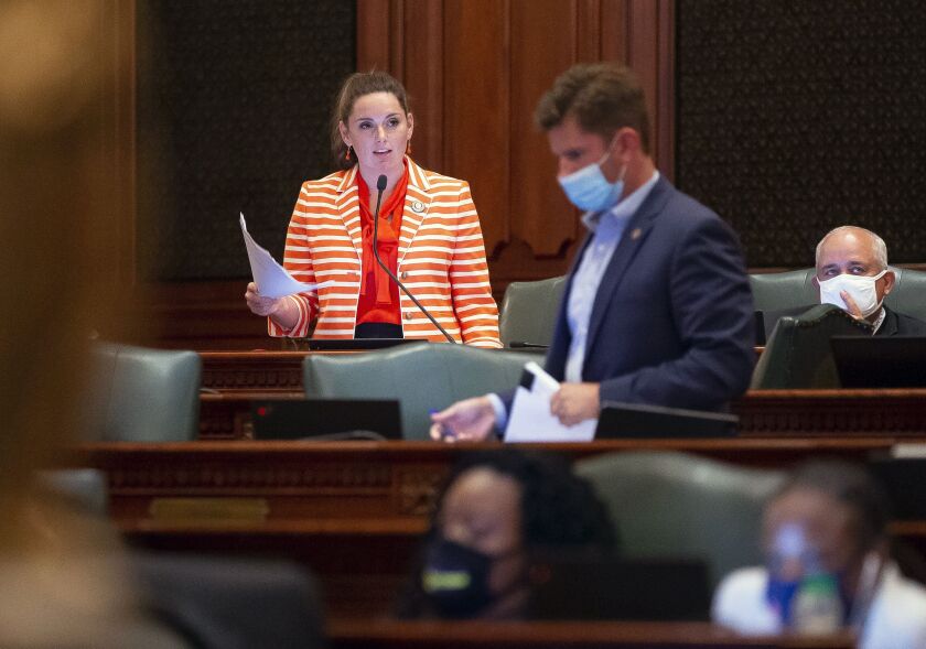 State Rep. Avery Bourne, R-Morrisonville, gives her remarks on the Illinois legislative maps proposal during debate on the House floor Tuesday night.