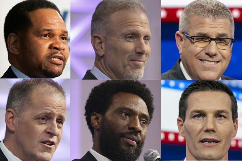 Republican gubernatorial candidates, top row from left, Richard Irvin, Gary Rabine, Darren Bailey; bottom row from left, Paul Schimpf, Max Solomon and Jesse Sullivan.