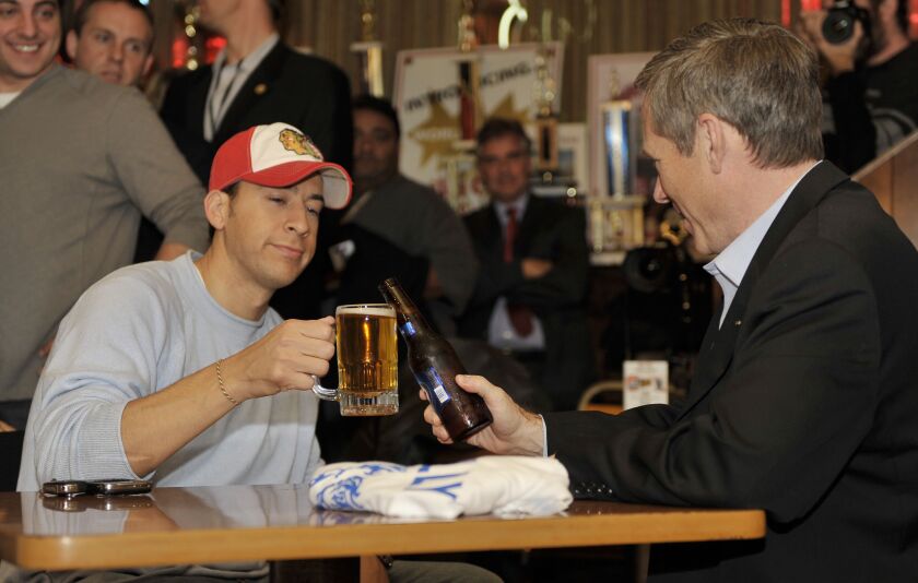 Democrat Alexi Giannoulias toasts Mark Kirk at Billy Goat’s Tavern after the Republican beat him in the U.S. Senate race in 2010.