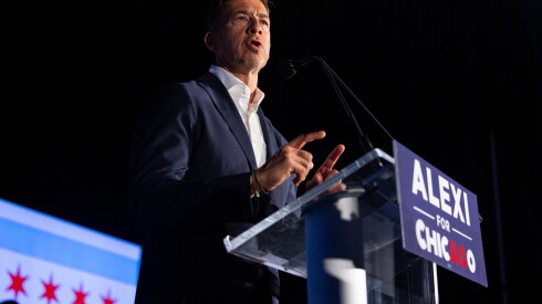 Secretary of State Alexi Giannoulias announces his run for mayor at an event in Bronzeville on the South Side, Sunday, Aug. 2, 2026.