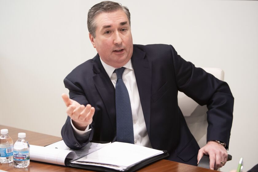 Michael Cabonargi, then a Cook County Circuit Court Clerk Democratic candidate, addresses the Sun-Times Editorial Board earlier this year.