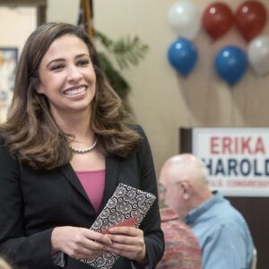Erika Harold, then-Republican primary candidate for the 13th Congressional District of Illinois, talks to supporters in Champaign, in 2014. File Photo. (John Dixon/The News-Gazette via AP)