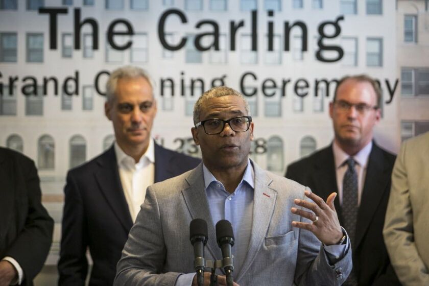 Ald. Walter Burnett Jr. (27th) speaks during the opening of the renovated and restored Carling Hotel, 1512 N. LaSalle St. | Ashlee Rezin/Sun-Times