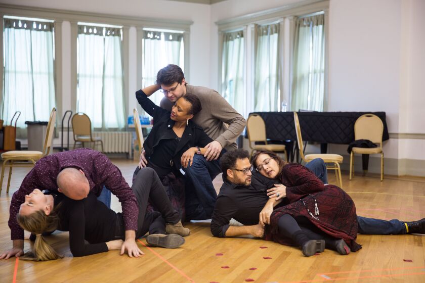 Chicago Opera Theater rehearses Stewart Copeland’s “The Invention of Morel,” world-premiere opera. The cast includes: Valerie Vinzant (as Faustine, from left), Scott Brunscheen (Alec/Ombrellieri), Kimberly E. Jones (Dora), David Govertsen (Stoever), Natha