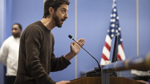 Jackson Potter, vice president of the Chicago Teachers Union, speaks during a Chicago Board of Education meeting at Chicago Public Schools HQ in the Loop, Monday, March 30, 2026.