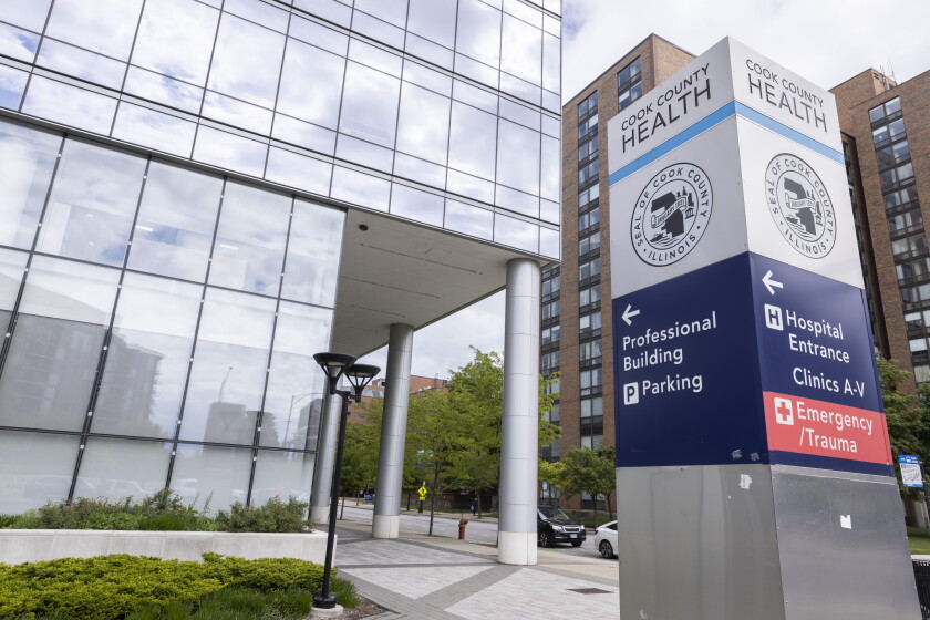 View outside the Professional Building of Cook County Health on May 22, 2025.